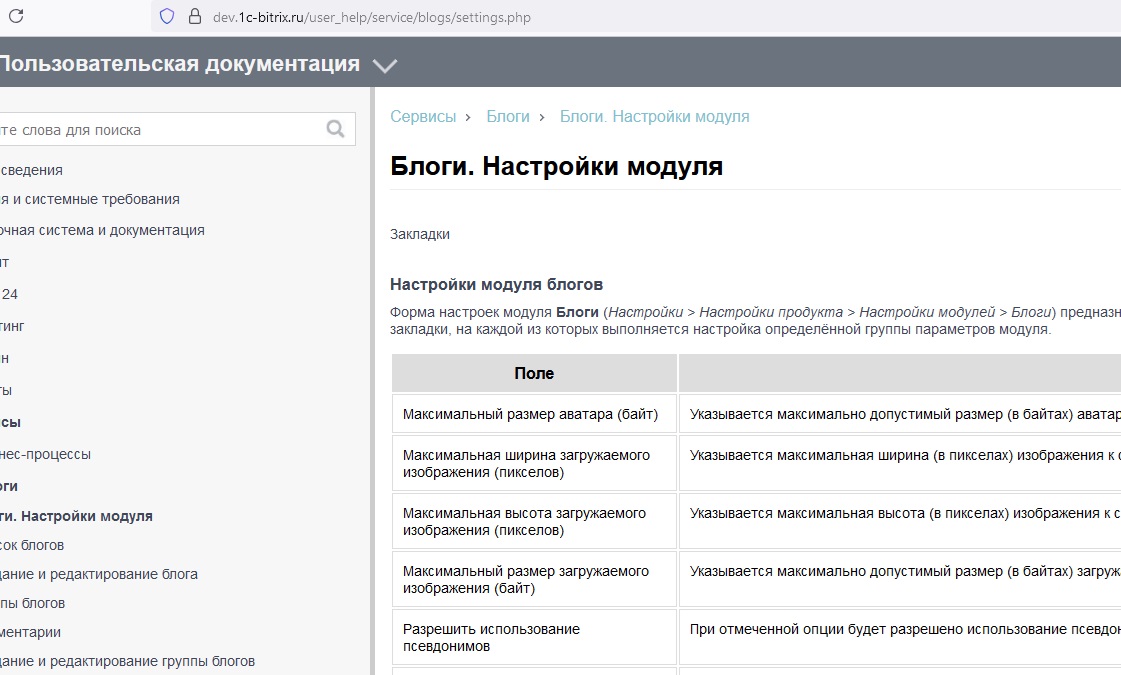 Страница пользовательской документации - настройки модуля в разделе блоги